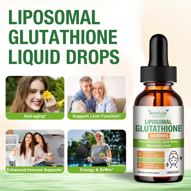 2 Pack 3000mg Liposomal Glutathione Liquid Drops, 98% Absorption Liposomal Glutathione with Vitamin C for Women, Glutathione Liposomal Supplement, Powerful Antioxidant Complex for Immune System, Liver