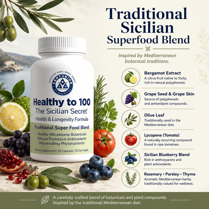 Centurion Healthy to 100 | Mediterranean Superfood & Antioxidant Blend | Bergamot, Resveratrol, Pomegranate, Olive Leaf & Lycopene | Daily Wellness & Healthy Aging Support | 90 Capsules