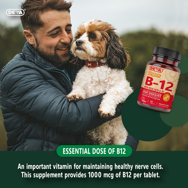 DEVA Vegan Vitamin B12 Fast Dissolve Supplement - Once-Per-Day Complex with 1000 Mcg Methylcobalamin B12, Folic Acid, B6 - Lemon Flavor - 90 Dissolvable Tablets, 2-Pack