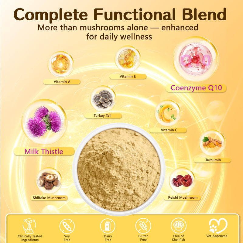 VUN Turkey Tail Mushroom for Dogs, Mushroom Powder for Dogs & Cats Lipoma for Immune,Heart,Liver,Antioxidant Daily Wellness Supplement with Reishi & Shiitake Blend-120g