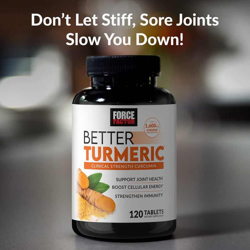 FORCE FACTOR Better Turmeric Joint Support Supplement Featuring HydroCurc Turmeric Curcumin with Black Pepper for Superior Absorption, Clinical Strength Joint Support, 120 Tablets, White Packaging 120 Count (Pack of 1) - BeesActive Australia