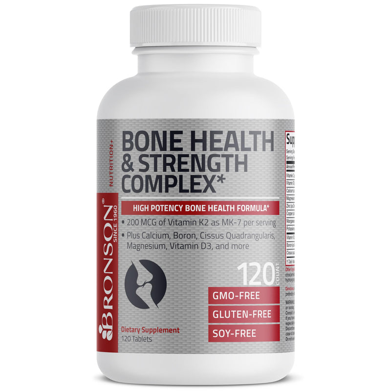 Bronson Bone Health & Strength Complex* High Potency Formula 200 MCG of Vitamin K2 as MK7, Plus Calcium, Boron, Cissus Quadrangularis, Magnesium, Vitamin D3, and More - Non-GMO, 120 Tablets 120 Count (Pack of 1)