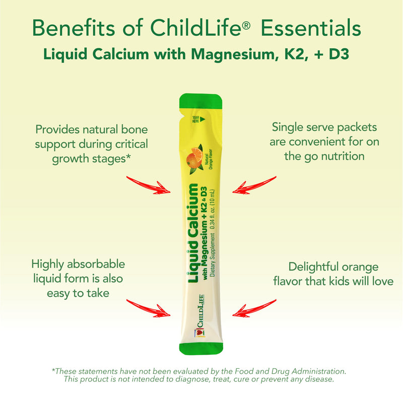 ChildLife Essentials Liquid Calcium for Kids, 0.34 fl Oz (30 Stick Packs) | Single Serve, Baby Calcium, Magnesium, Vitamin D 3, K 2, Zinc, Bone Support & Nutrition, Orange Flavor Supplement