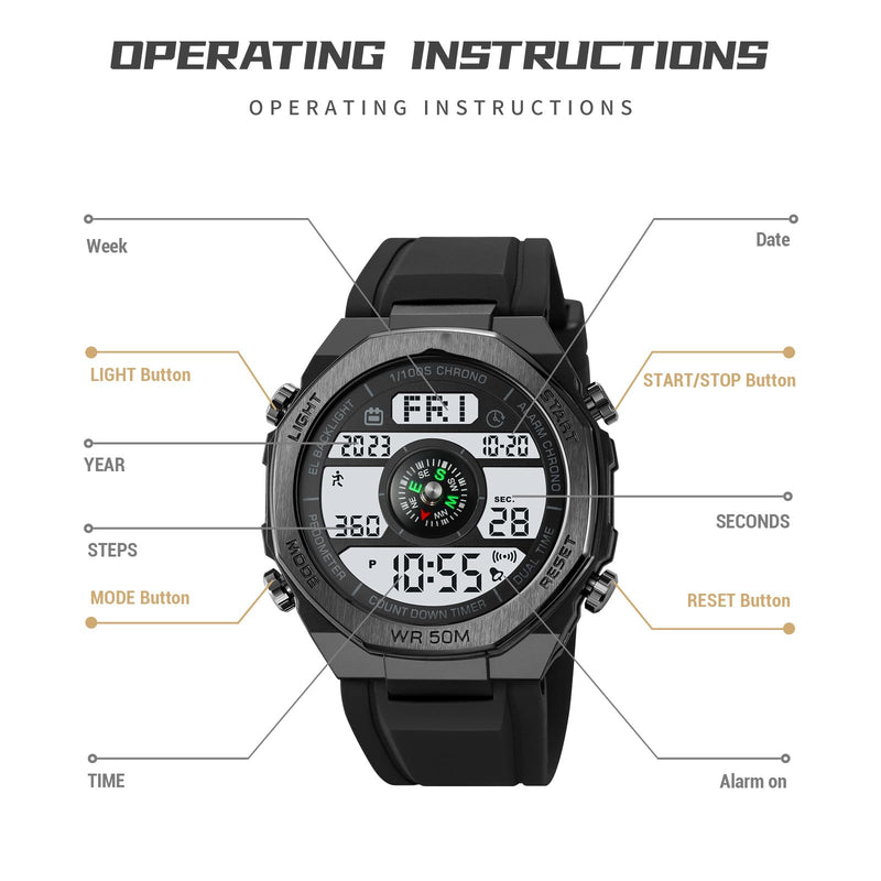 TOOCAT Multifunctional Outdoor Wristwatch (Unisex), 50m Water-Resistant Digital Watch with Step and Calorie Tracking, No Phone Connection Required, No Charging Needed (Black/White) - BeesActive Australia