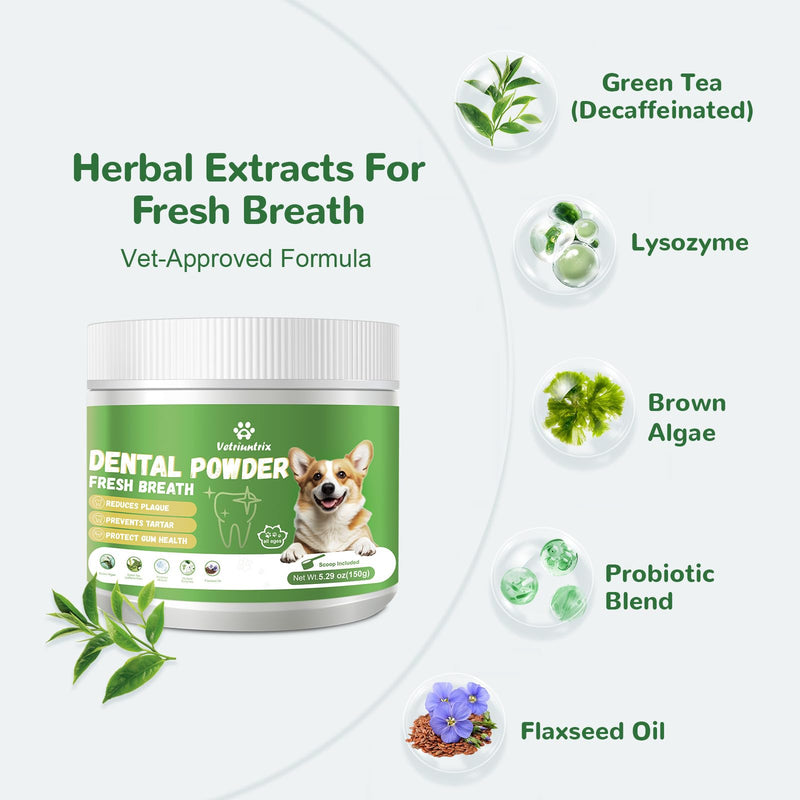 Dog Teeth Cleaning Powder, Dog Dental Powder for Tartar Remove & Plaque Off, Fresh Breath for Dogs with Natural Plant Blend, Enzymes and Probiotics, 150g