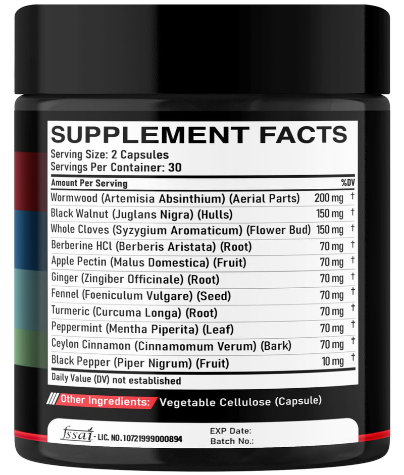 Wormwood Capsules Supplement - Extracted from Black Walnut, Cloves, Turmeric, Apple, Berberine HCl & More - 11 Ingredients Combined for Immune System, Body Management - 60 Capsules