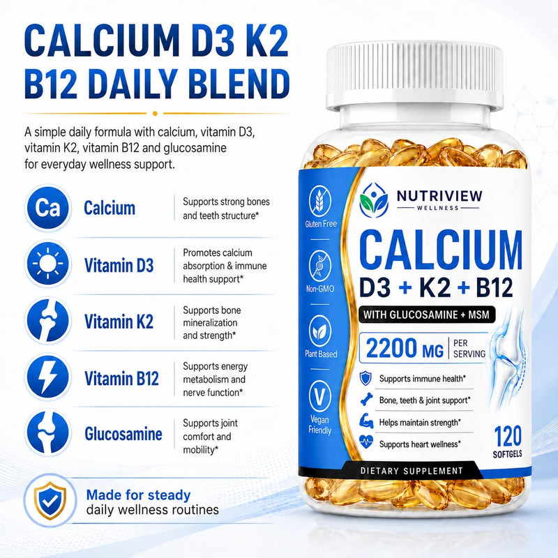 Nutriview Calcio D3 K2 B12 Softgels, 2200mg Calcium Supplement with Vitamin K2, D3, B12, Glucosamine &Chondroitin, Bone, Teeth & Muscle Function Support, Non-GMO, 120 Softgels