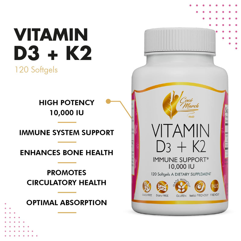 Coco March Vitamin D3+K2 10,000 IU - 4 Month Supply HIGH POTENCY - Immune & Joint Health Gluten Free, GMO Free, Dairy Free, Keto Friendly, Paleo Friendly, 250 mcg of D3-180 mcg of Vitamin K2 - BeesActive Australia