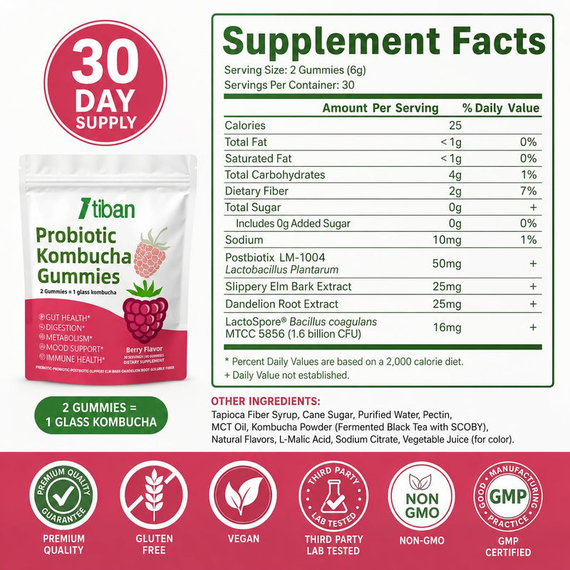 Probiotic Kombucha Gummy - Prebiotics, Probiotics, Postbiotics, Fiber Supplement, Slippery Elm for Bloating, Gut Health, Women and Men, 60ct