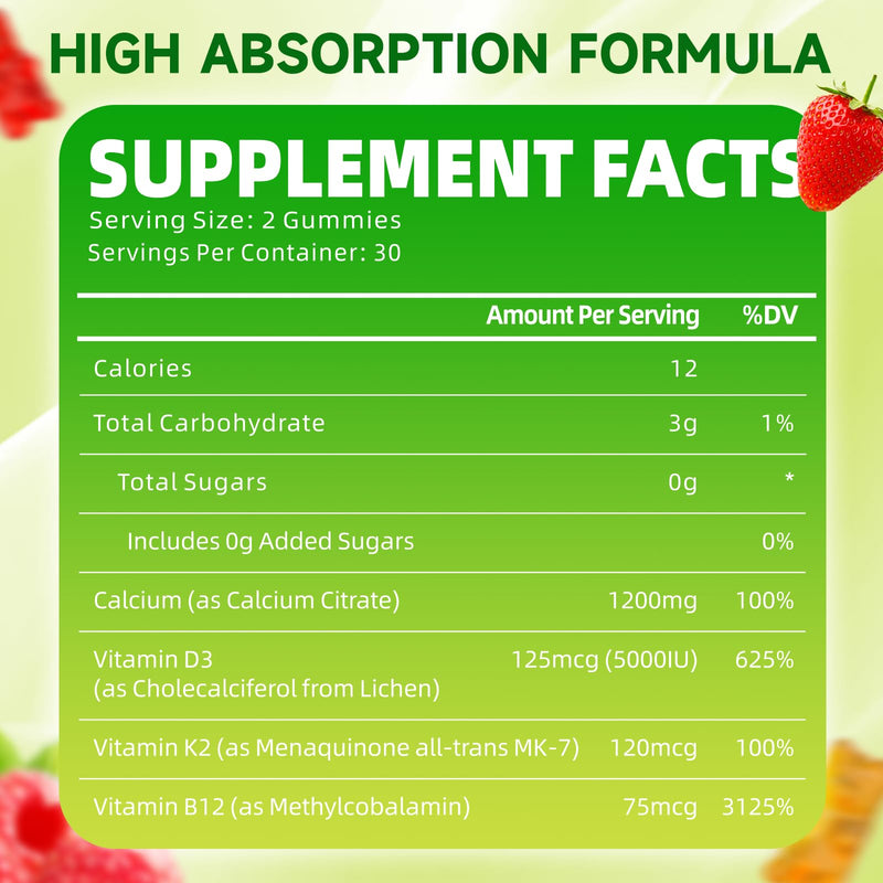 2 Pack Calcium Citrate 1200mg with Vitamin D3 Supplements Gummies for Women & Men, Calcium Gummies with Vitamin D3 K2 & B12, High Absorption for Muscle & Immune, Mixed Flavors, 120 Count 120 Count (Pack of 1)