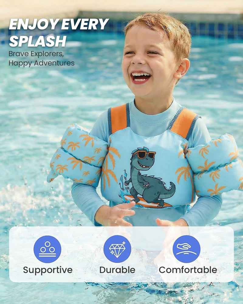 Gogokids 2-in-1 Toddler Swim Vest Pool Floaties for Kids[CPC Certified & Remove Crotch Strap]Puddle Float Jumper 24-66 Pounds, Toddler Arm Floaties Swim Jacket Water Wings for kids Boys Girls Swimmies G-Light Blue Dinosaur