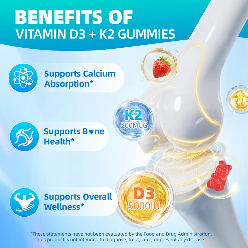 Vitamin D3 K2 Gummies 5000IU Sugar Free Supplement, 120 Count | Vitamin D3 K2 Supplement 5000IU D3 & K2 200mcg, Non-GMO, Strawberry, Supports Bone & Calcium Absorption* for Daily Wellness