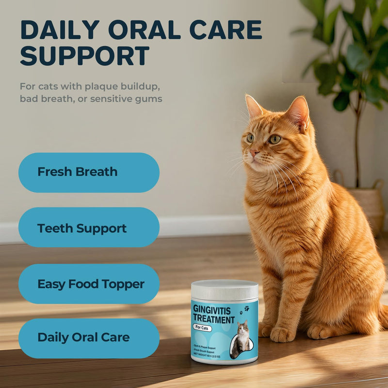 Cat Dental Care Powder for Plaque & Bad Breath - Gingivitis Support, Teeth & Gum Support with Green Tea, Cranberry & Zinc - Daily Cat Teeth Cleaning Powder