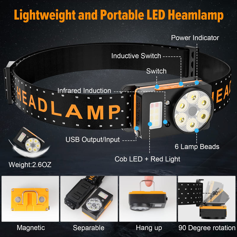 Headlamp Rechargeable, 500 Lumen Super Bright Motion Sensor LED HeadLamp, Headlamp Flashlight with White Red Lights, 6 Modes Lightweight Waterproof Head Lamp for Hiking Camping Essentials