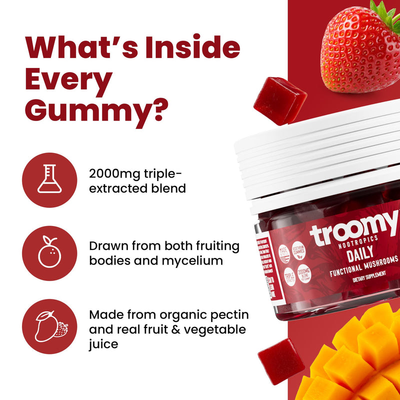 Troomy Daily 14 Mushroom Blend Gummies - Strawberry Mango, 60 Count | Reishi, Cordyceps, Lion's Mane and Chaga in Every Gummy, Triple-Extracted, Vegetarian and Gluten-Free, Made in USA 60 Count (Pack of 1)