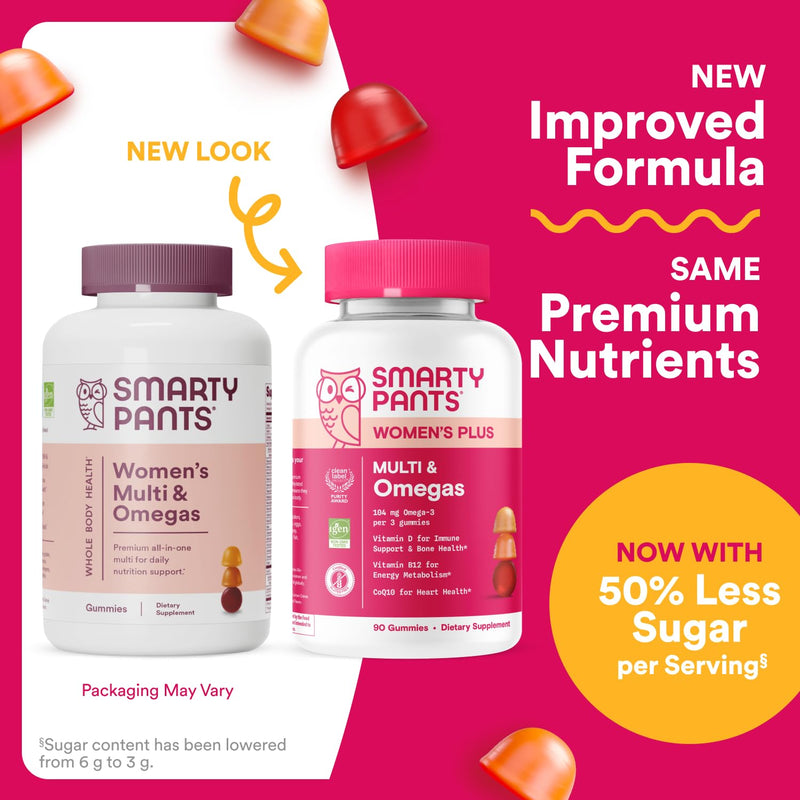SmartyPants Women's Multivitamin Gummies - Improved Formula: Omega 3 (DHA/EPA), Methylfolate, CoQ10, Vitamin D3, C, Vitamin B12, B6, A, K & Zinc, Inositol, Gluten Free, 90 Count (30 Day Supply) New Formula 90 Count (Pack of 1)