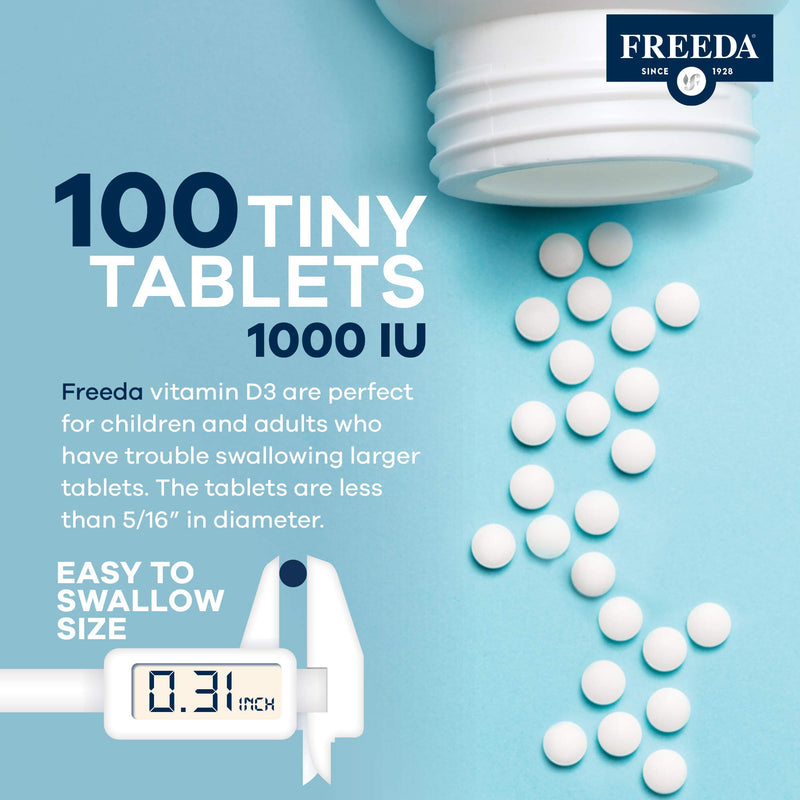FREEDA Vitamin D3-1000 IU - Pure High Potency Kosher Supplement Tablets - Bone and Muscle Health, Calcium Absorption, Immune Support for Men and Women* - 100 Count | Supports Bone, Muscle & Immune Health – Helps Calcium Absorption – Easy-to-Swallow Tin...