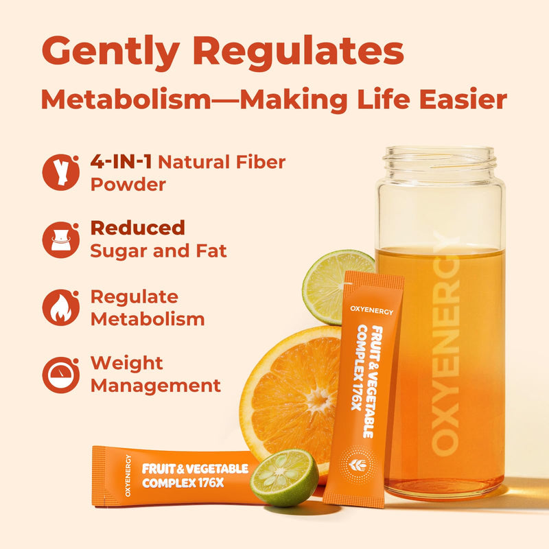 OxyEnergy Fiber Supplement Powder for Women & Men - Fruit & Vegetable Complex Daily Fiber, Weight Loss & Gut Health, Appetite Suppressant & Prebiotics & Relieve Bloating, Orange Flavored 30 Packets