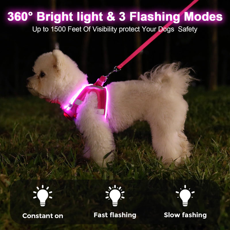 Light Up Dog Harness,Step in Dog Harness for Small Medium Sized Dog,No Pull Reflective Dog Vest Harness 360° High Visibility,LED Pink Dog Harness Rechargeable for Night Walking XS - BeesActive Australia