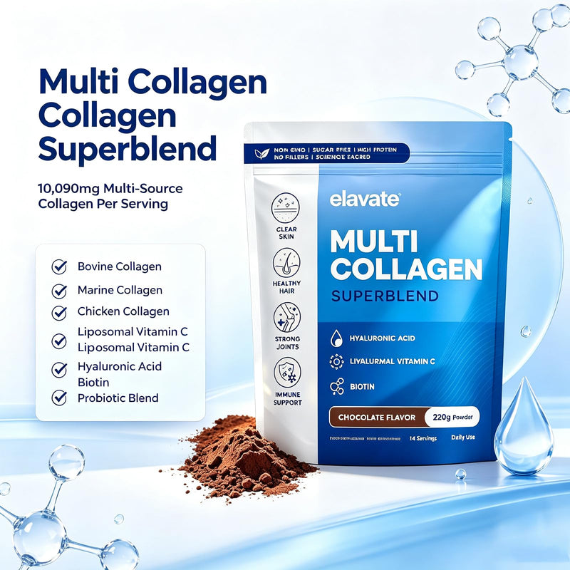 Elevate Collagen for Women, Elevate Multi Collagen Superblend, Bovine, Marine & Chicken Collagengar, with Liposomal Vitamin C