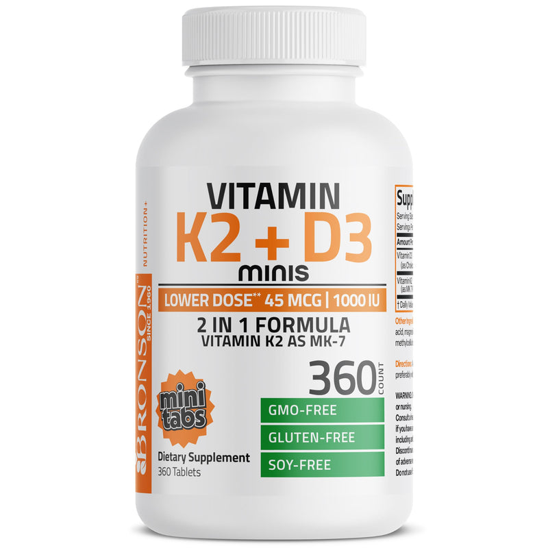 Bronson Vitamin K2 MK-7 45 mcg + D3 1000 IU (25 mcg), 360 Mini Tablets | Lower-Dose Daily Maintenance, Easy to Swallow, Bone Health Support, Non-GMO, Gluten-Free & Soy-Free 360 Count (Pack of 1)