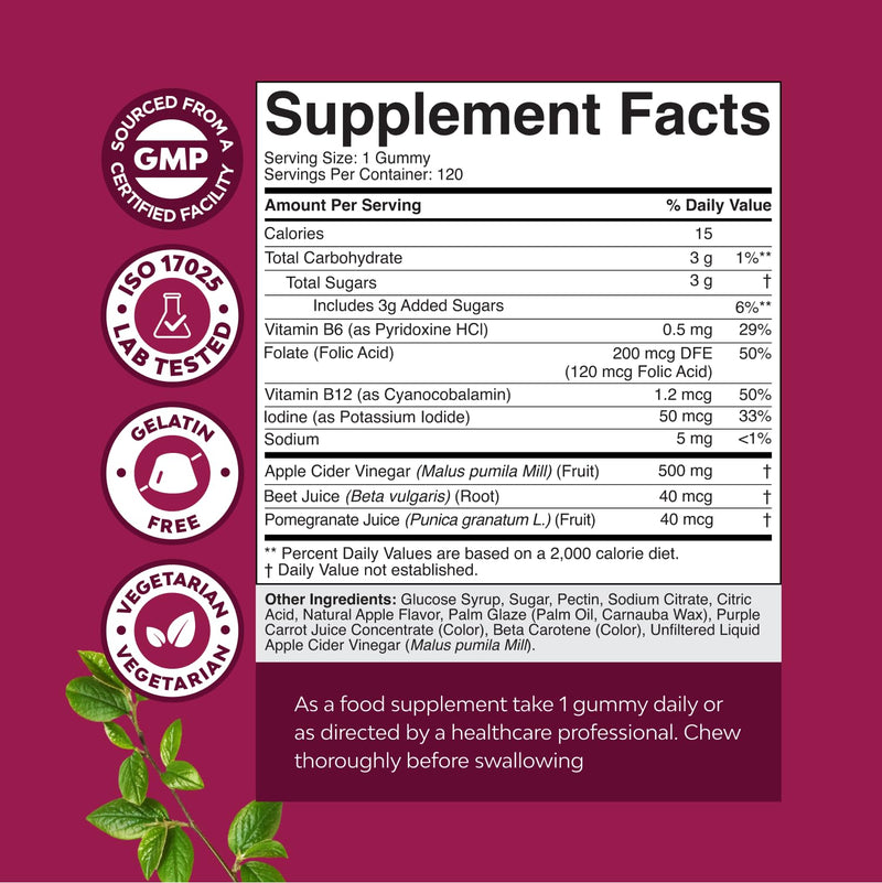 ACV Apple Cider Vinegar Gummies - Natural Energy Supplement ACV with Mother for Body Cleanse Immune Support and Gut Health with Vitamin B12 and Beet Root - 120 Count 120 Count (Pack of 1)