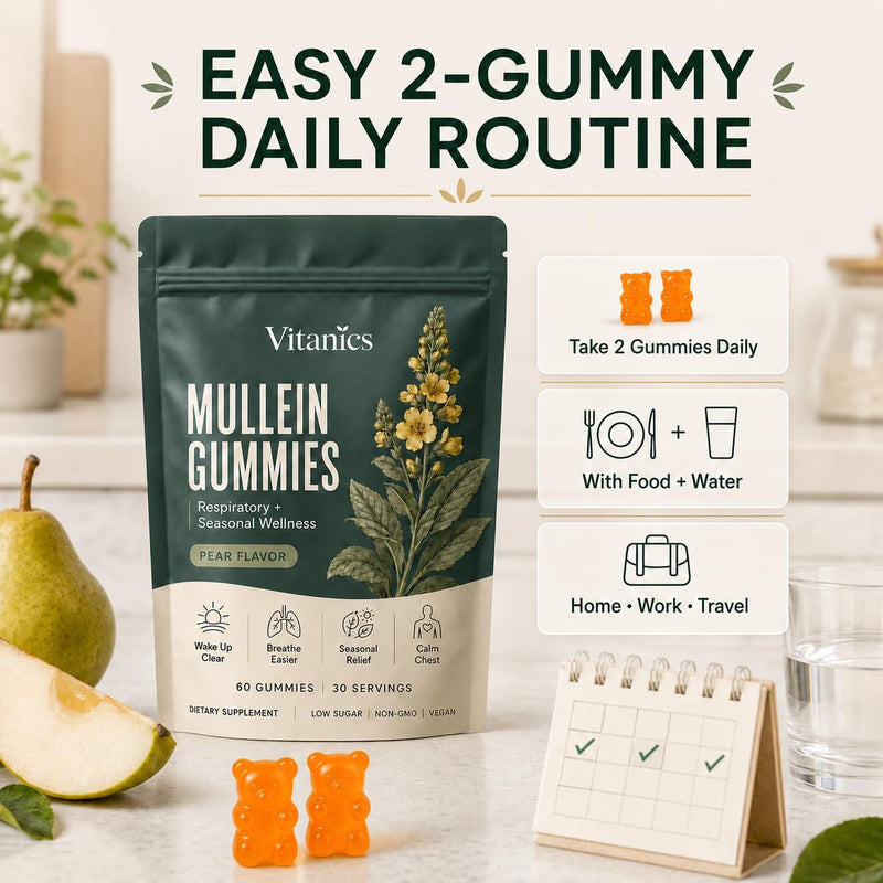 Vitanics Mullein Gummies with Quercetin and Bromelain, 60 Count | Mullein Leaf Extract for Lungs, Ashwagandha and Vitamin D3 in Pear-Flavored Gummies, Daily Respiratory Wellness