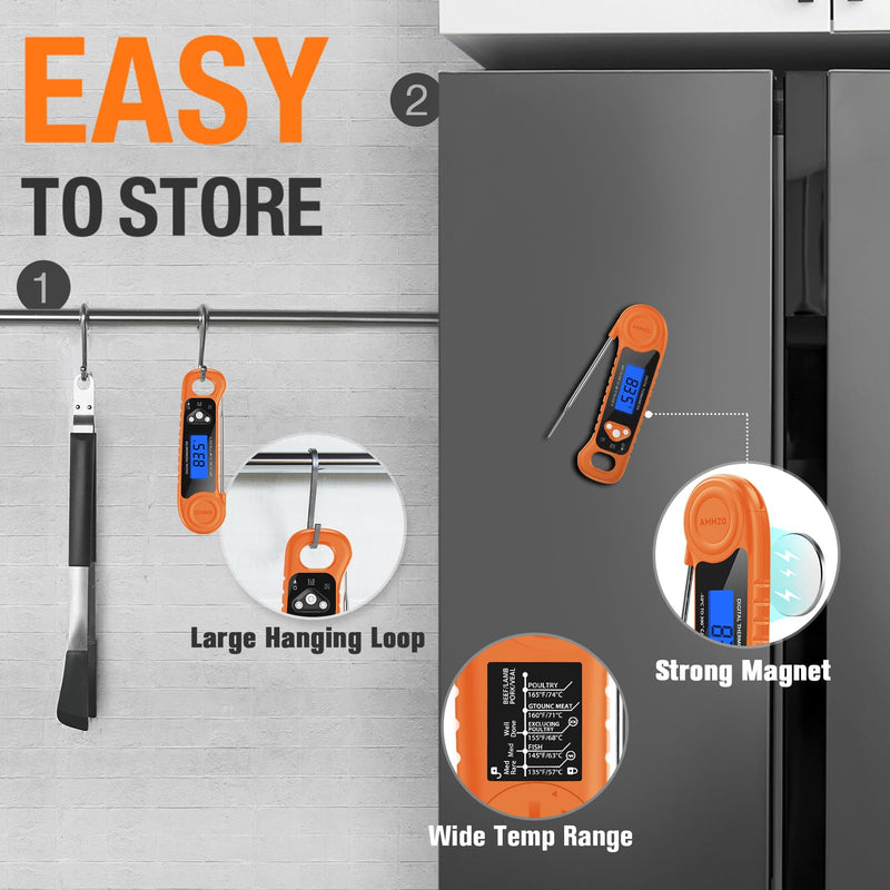 AMMZO Digital Meat Thermometer for Grilling, Candy Thermometer Instant Read Food Thermometer Waterproof with Backlight for Cooking, Deep Fry, BBQ, Grill, Smoker and Roast (Orange) Orange - BeesActive Australia