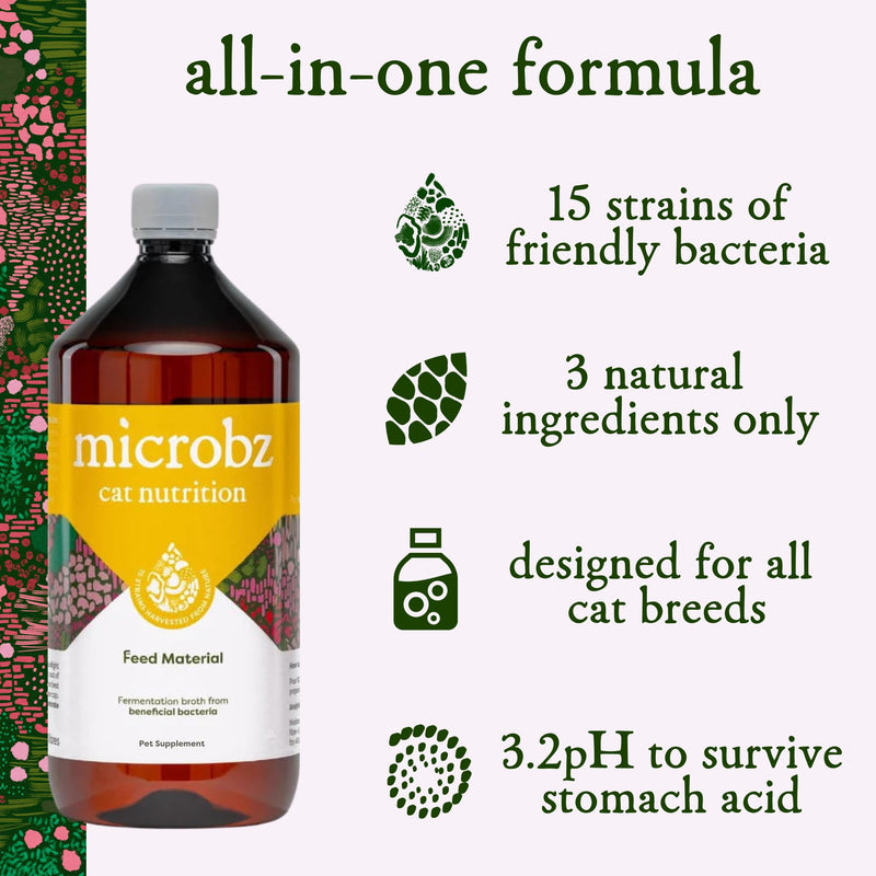 MICROBZ CAT NUTRITION | 1 Litre | Liquid Beneficial Microbes for Cats Gut Digestive Health & Coat Care – Gluten & Dairy Free, 100% Natural - Up to 100 Servings