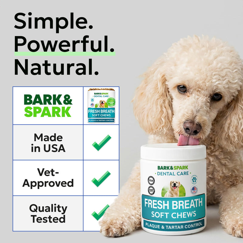 BARK&SPARK Dog Teeth Breath Freshener Chews, Dental Cleaning Treats for Bright Smile - Plaque, Tartar and Bad Breath Advanced Remover for Dogs, Pet Oral Care Bright Co Lab Pro Formula - 90 Servings 90 Dental Care Chews Breath Aid Probiotics