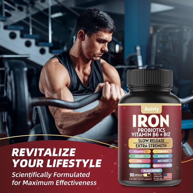 Iron Supplement with Slow Release Iron, Probiotics, Spirulina, Turmeric, Vitamin C, B6, B12, Zinc & Folate, 13-in-1 Daily Support, Gentle on Stomach, 60 Veggie Capsules