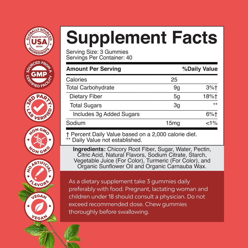 Tasty Prebiotic Fiber Gummies for Adults - High Fiber Supplement Gummies Vitamins for Adults with Prebiotic Soluble Chicory Root for Immunity and Digestive Support - Non GMO Vegan - 120 count 120 Count (Pack of 1)