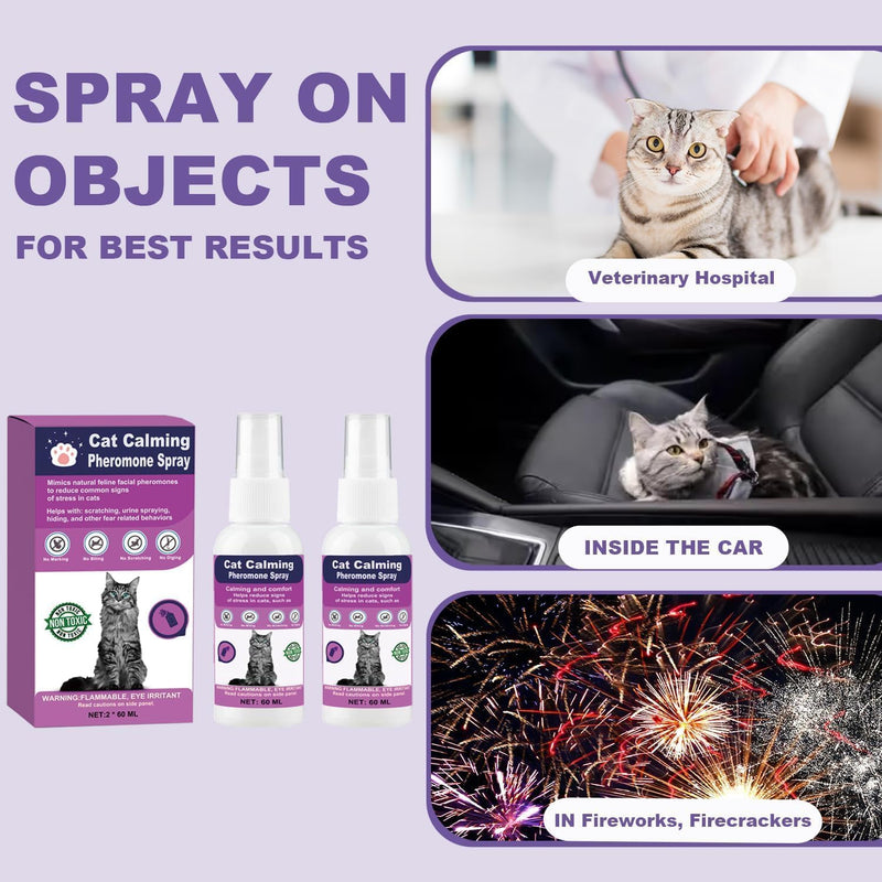 Cat Calming Spray with Pheromones – Anxiety & Stress Relief for Cats – Reduce Scratching Furniture, Urine Marking & Aggression – Calming Aid for Travel, Vet Visits & Home – 60-Day Supply (2 × 60 mL) Transparent