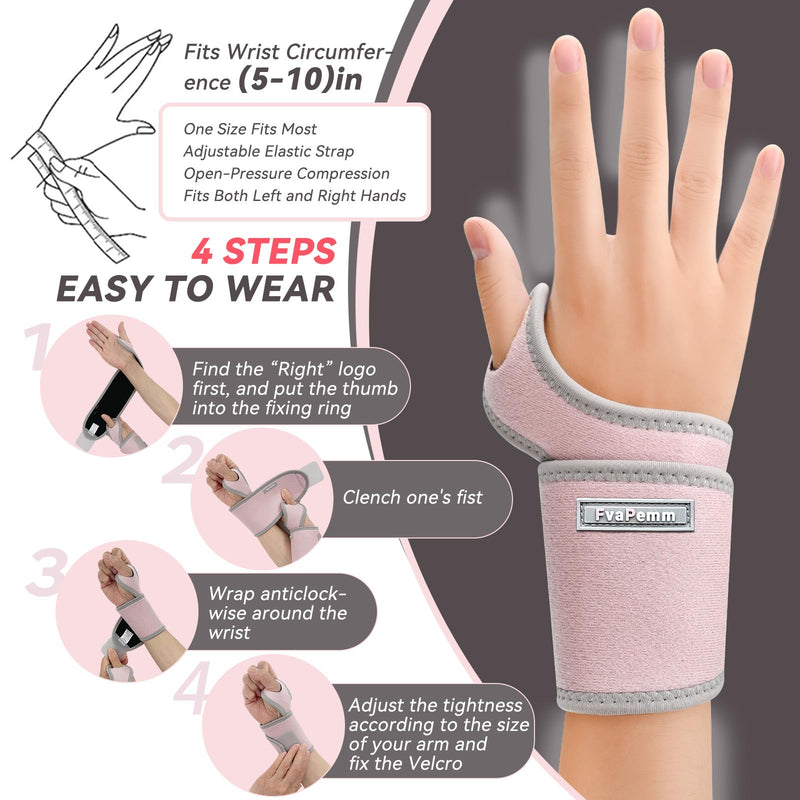 Carpal Tunnel Wrist Brace for Right Left Hand 2 Pack, Wrist Support Wraps for Women Men, Adjustable Wrist Brace for Tendonitis, Arthritis, Weightlifting, Sports, Day Night Support, Pink Pink, Wrist Support Brace, 2 Pack(Left and Right Hands)
