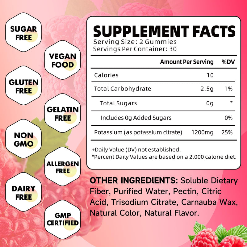 2 Pack Potassium Citrate Gummies, High Potassium Supplement Gummies 1200mg Support Leg Cramps & Muscle Health, Potassium Gummies for Adults & Kids, Vegan, Raspberry Flavor 120 Count 120 Count (Pack of 1) - BeesActive Australia