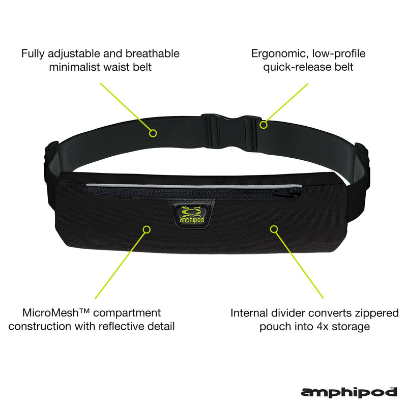 Amphipod AirFlow MicroStretch Plus Belt, Ultra-Light Minimalist Runners Waist Pack Bag for Running & Walking, Men & Women - Black/Silver - XL