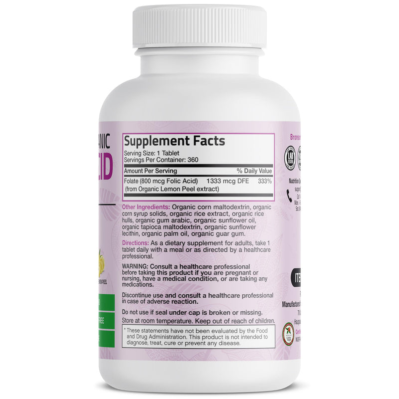 Bronson Folic Acid 800 mcg, USDA Certified Organic, 360 Tablets | From Whole Lemon Peel Extract, Prenatal Development Support, Vegetarian, Non-GMO, Gluten-Free & Soy-Free Unflavored 360 Count (Pack of 1)