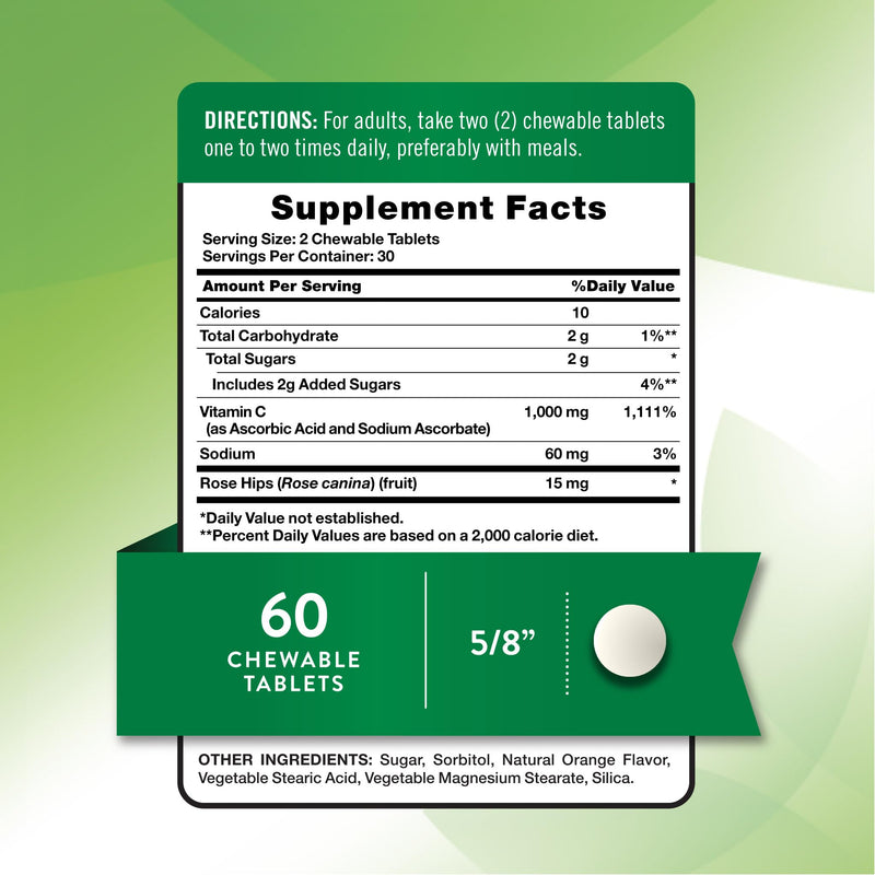 Nature's Truth Chewable Vitamin C with Rose Hips | 1000 mg | 60 Tablets | Vegan, Non-GMO & Gluten Free Supplement 60 Count (Pack of 1)