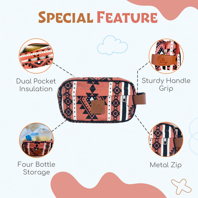 Breastmilk Cooler Bag with Ice Pack Fits 4 Baby Bottles - Dual Pocket Insulated Breast Milk Cooler Travel Bag - Beautiful Printed Breastmilk Storage Bottle Bag Burnt Orange - BeesActive Australia