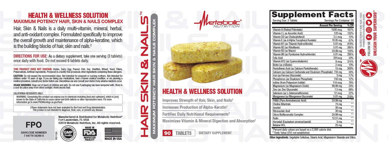 Metabolic Nutrition Hair Skin & Nails Maximum Potency Health and Wellness Solution 90 Tablets