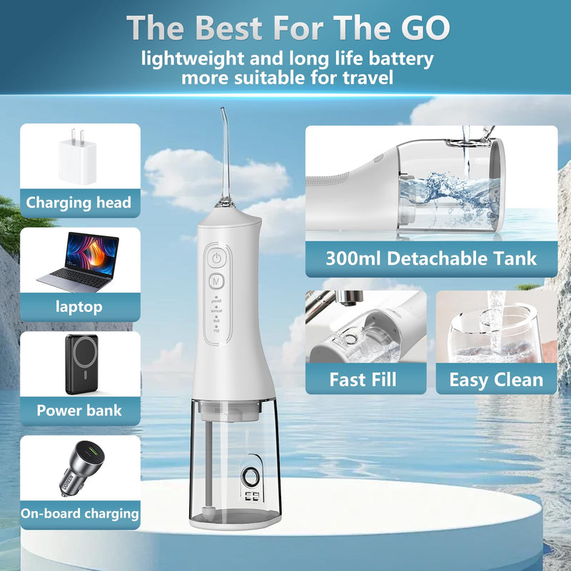 Portable Cordless Water Dental Flosser Teeth Pick 300ML Rechargeable Oral Irrigator with 4 Modes, IPX7 Waterproof,Powerful Flossing for Gum Care, Braces, and Deep Cleaning (White) White