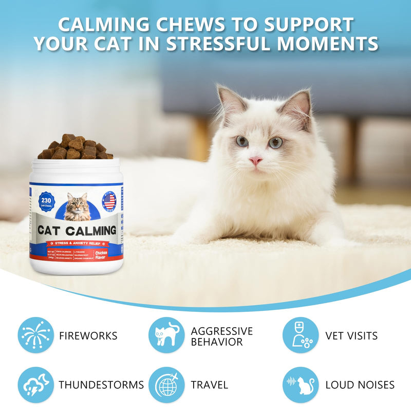 Calming Chews for Cats 230ct, Cat Calming Chewable with Valerian Root & Organic Chamomile for Cats Supports Calm Adaptation - Travel, Boarding, Vet Visits, Tasty Calm Chews Supplement Chicken