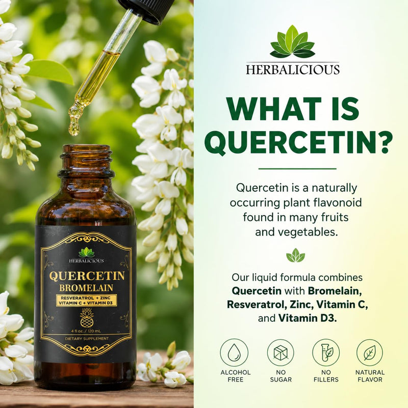 HERBALICIOUS Quercetin Bromelain Liquid with Resveratrol, Zinc, Vitamin C & D3 – Immune Support Drops – 4 fl oz (120 mL) – Fast Absorption – Non-GMO Dietary Supplement
