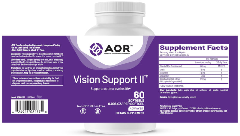 AOR Eye Support, Vision Support II, Lutein & Zeaxanthin, 60 Softgels | Multi-Ingredient Eye Supplements, Lutein & Zeaxanthin for Eyes, Olive Oil Softgels, Gluten-Free & Non-GMO, Blue Light Support