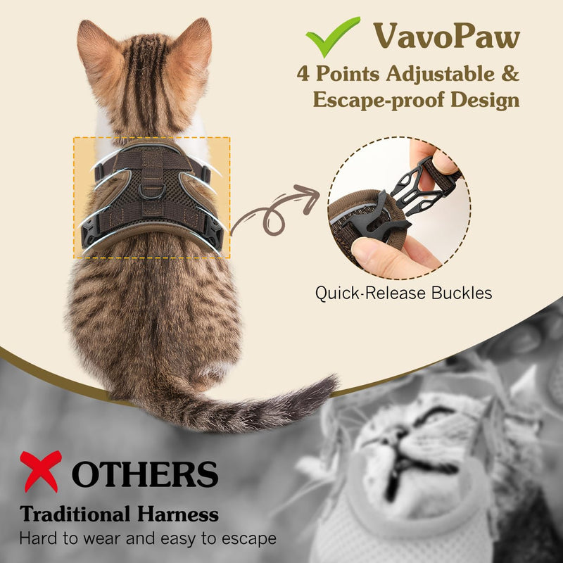 VavoPaw Cat Harness with Leash, Escape-Proof, Adjustable Cat Chest Harness with Reflective Stripes and Breathable Mesh, Soft Pet Harness for Cats, Kittens, Puppies, M Coffee - BeesActive Australia