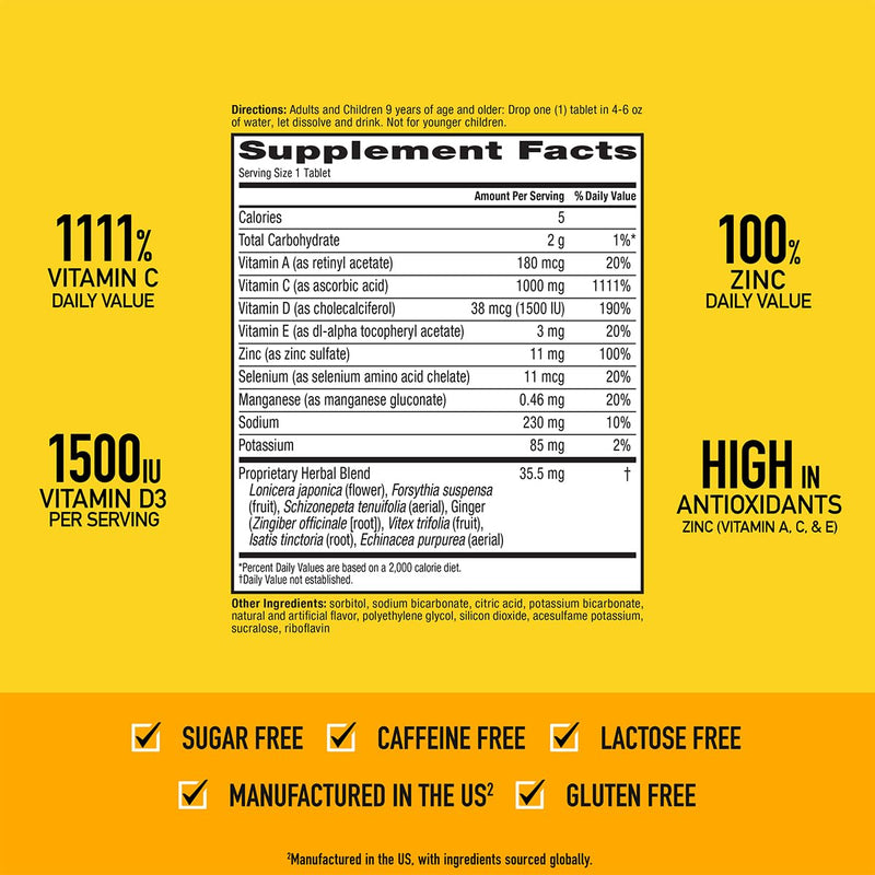 Airborne 1000mg Vitamin C + Zinc Sugar Free Multivitamin Immune Support Effervescent Fizzy Drink Tablets, Zesty Orange Flavor with Powerful Antioxidants Vitamins A C & E, 30 Tablets (2 Pack) 30 Count (Pack of 2)