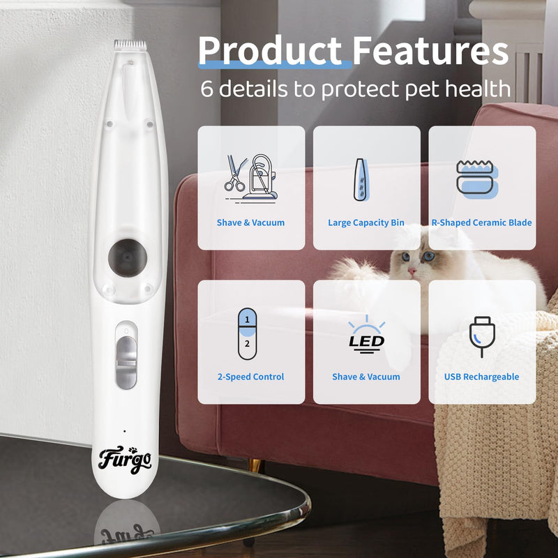 FURGO Dog Paw Clippers with LED Light, Cordless Low Noise 2-Speed Pet Grooming Trimmer, Rechargeable Dog Clippers for Paws, Face, Ears, Eyes, with Vacuum Hair Storage and Suction - BeesActive Australia