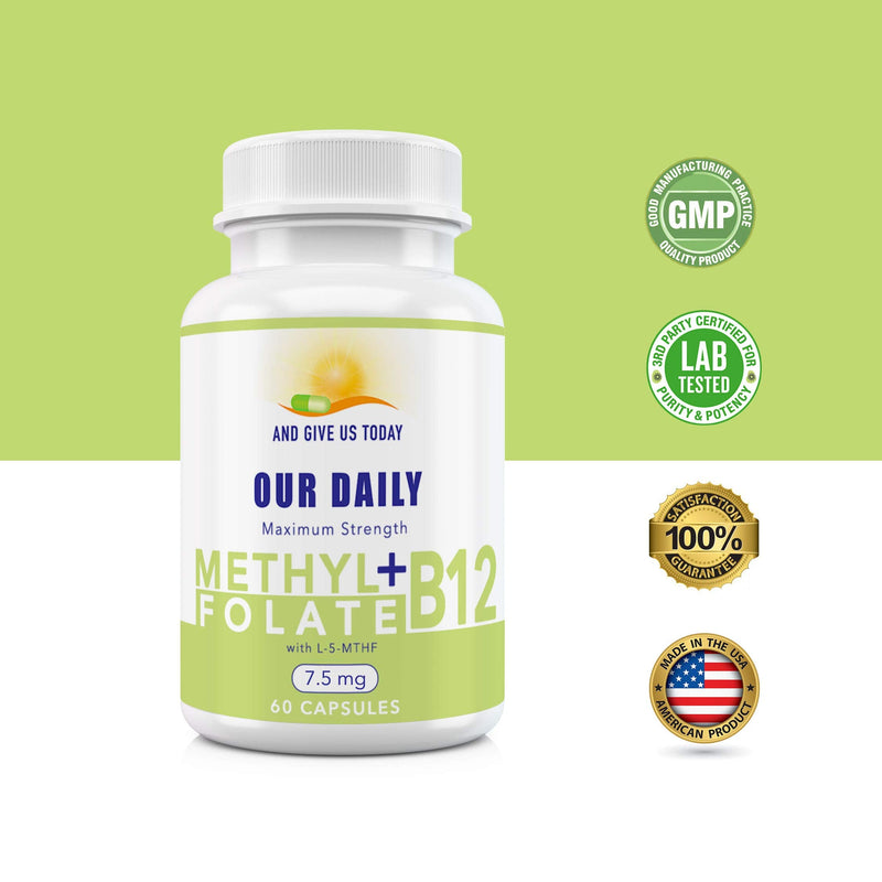 L-Methylfolate 7.5 mg N B 12 1000 mcg 60 Capsules - Methylated Glycine - Boost Mood, Energy & Memory - Immune Support & VItamin Supplement for Men & Women - Non-GMO, Vegetarian Capsules