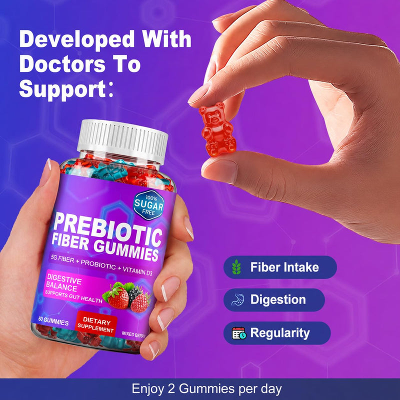 Prebiotic Fiber Gummies, 5g Fiber, Bacillus Coagulans, Mixed Fruit 120Count | 5g Fiber Per Serving With Inulin FOS, Acacia and Apple Pectin, 2 Billion CFU Bacillus Coagulans, Vitamin D3. 60 Count (Pack of 2)