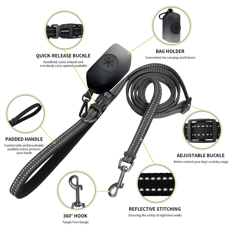 Kazazoo Hands-Free Dog Leash with Poop Bag Holder, Adjustable 4-7 Ft Waist for Dog Walking, Running for Small & Medium Dogs with Reflective Strips, Nylon Waist Belt, Black - BeesActive Australia